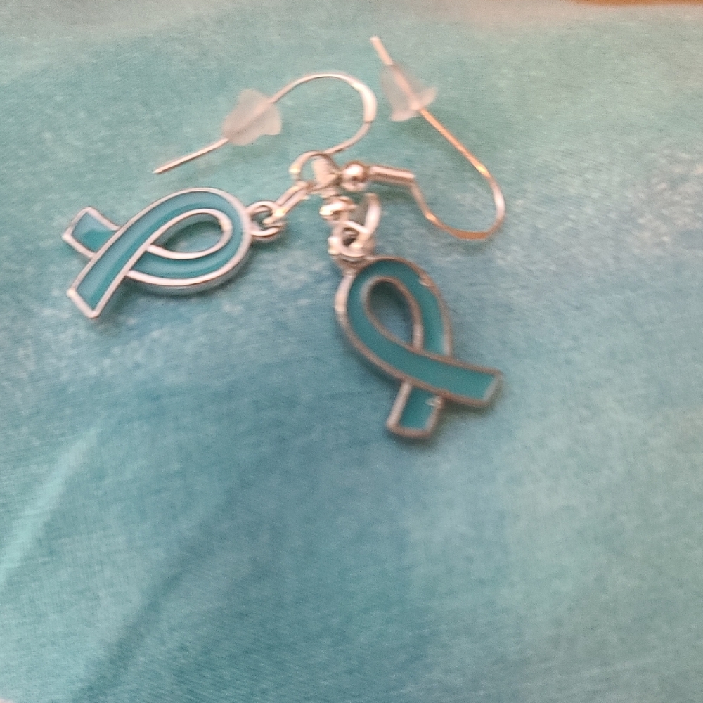 Teal and Silver Dangle Hook 925 Earrings NWT Cancer - Picture 3 of 5